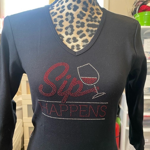 Sip Happens Wine 3/4 Sleeves V Neck T-Shirt New - Picture 3 of 3